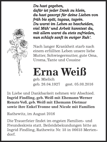 Traueranzeige von Erna Weiß von WVG - Wochenspiegel NMB / WSF / ZTZ