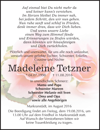 Traueranzeige von Madeleine Tetzner von Mitteldeutsche Zeitung