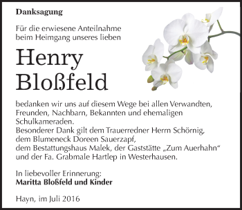 Traueranzeige von Henry Bloßfeld von Mitteldeutsche Zeitung Sangerhausen