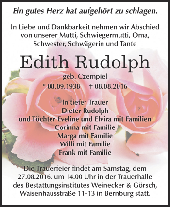 Traueranzeige von Edith Rudolph von Super Sonntag Bernburg