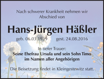 Traueranzeige von Hans-Jürgen Häßler von Mitteldeutsche Zeitung Naumburg/Nebra