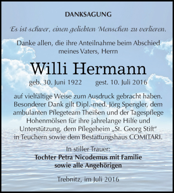 Traueranzeige von Willi Hermann von WVG - Wochenspiegel NMB / WSF / ZTZ