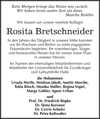 Traueranzeige von Rosita Bretschneider von Mitteldeutsche Zeitung Halle/Saalkreis