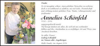 Traueranzeige von Annelies Schönfeld von Mitteldeutsche Zeitung Halle/Saalkreis