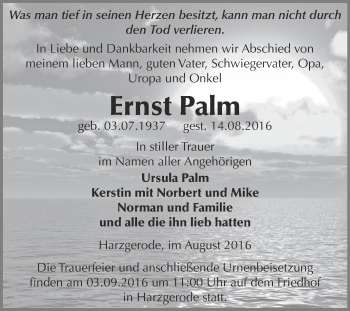 Traueranzeige von Ernst Palm von Super Sonntag Quedlinburg