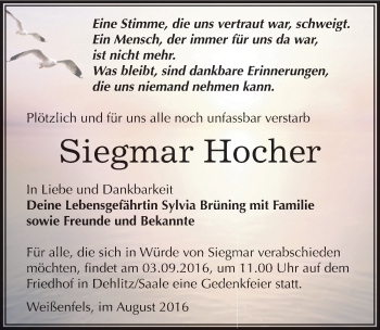 Traueranzeige von Siegmar Hocher von Mitteldeutsche Zeitung Weißenfels