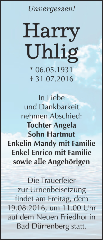Traueranzeige von Harry Uhlig von Super Sonntag Merseburg