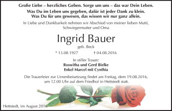 Traueranzeige von Ingrid Bauer von Mitteldeutsche Zeitung Mansfelder Land
