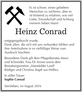 Traueranzeige von Heinz Conrad von Wochenspiegel Mansfelder Land