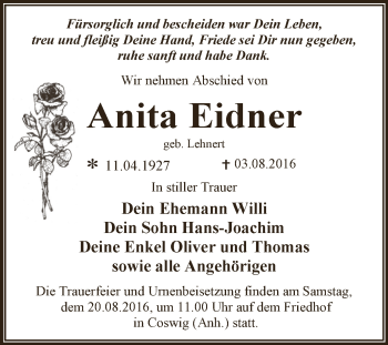 Traueranzeige von Anita Eidner von WVG - Wochenspiegel Dessau / Köthen