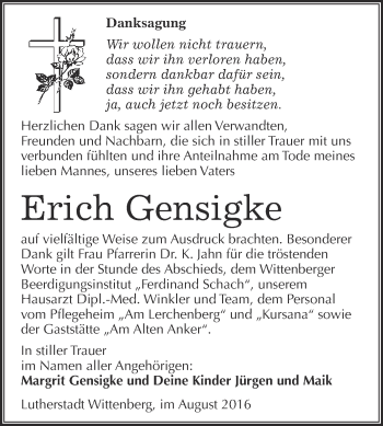 Traueranzeige von Erich Gensigke von WVG - Wochenspiegel Wittenberg