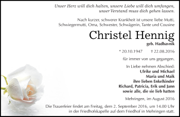 Traueranzeige von Christel Hennig von Super Sonntag Aschersleben