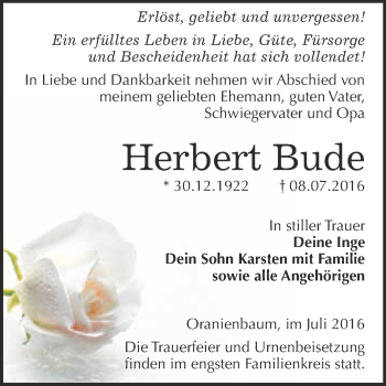 Traueranzeige von Herbert Bude von WVG - Wochenspiegel Wittenberg