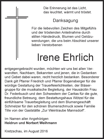 Traueranzeige von lrene Ehrlich von Super Sonntag Zeitz