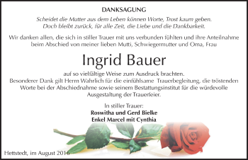Traueranzeige von Ingrid Bauer von Mitteldeutsche Zeitung Mansfelder Land