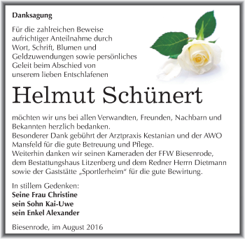 Traueranzeige von Helmut Schünert von Mitteldeutsche Zeitung Mansfelder Land