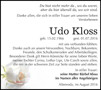 Traueranzeige von Udo Kloss von WVG - Wochenspiegel Merseburg