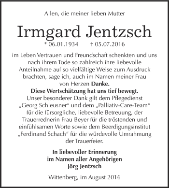 Traueranzeige von Irmgard Jentzsch von WVG - Wochenspiegel Wittenberg