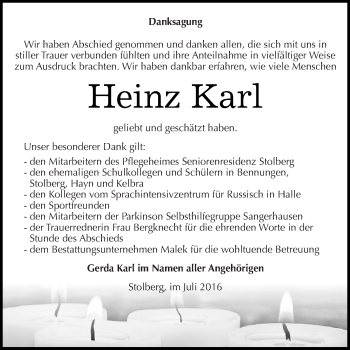 Traueranzeige von Heinz Karl von WVG - Wochenspiegel SGH