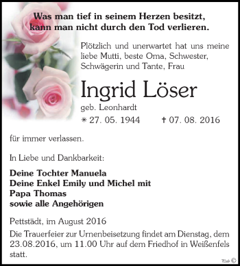 Traueranzeige von Ingrid Löser von WVG - Wochenspiegel NMB / WSF / ZTZ