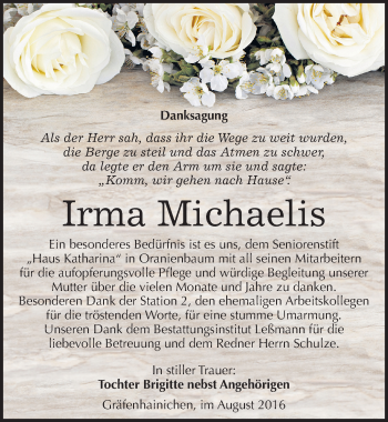 Traueranzeige von Irma Michaelis von Mitteldeutsche Zeitung Wittenberg