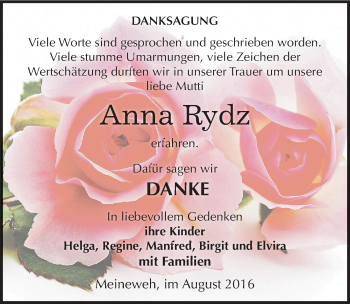 Traueranzeige von Anna Rydz von Mitteldeutsche Zeitung Zeitz
