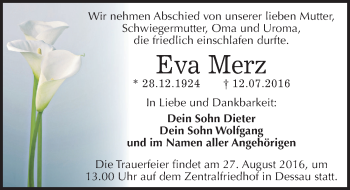 Traueranzeige von Eva Merz von Mitteldeutsche Zeitung Dessau-Roßlau