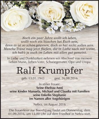 Traueranzeige von Ralf Krumpfer von Mitteldeutsche Zeitung Naumburg/Nebra