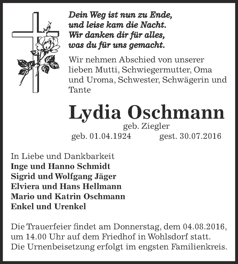  Traueranzeige für Lydia Oschmann vom 03.08.2016 aus WVG - Wochenspiegel Bernburg
