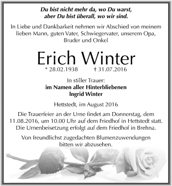 Traueranzeige von Erich Winter von Mitteldeutsche Zeitung Mansfelder Land