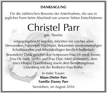 Traueranzeige von Christel Parr von Mitteldeutsche Zeitung Mansfelder Land
