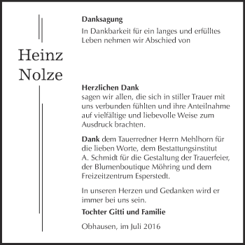 Traueranzeige von Heinz Nolze von WVG - Wochenspiegel Merseburg