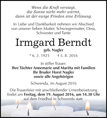 Traueranzeige von Irmgard Berndt von Super Sonntag SGH Mansf. Land