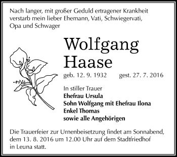 Traueranzeige von Wolfgang Haase von WVG - Wochenspiegel Merseburg