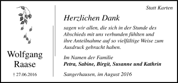 Traueranzeige von Wolfgang Raase von Mitteldeutsche Zeitung Sangerhausen