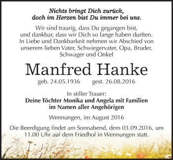 Traueranzeige von Manfred Hanke von Mitteldeutsche Zeitung Naumburg/Nebra
