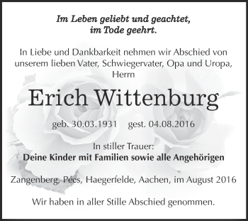 Traueranzeige von Erich Wittenburg von Super Sonntag Zeitz