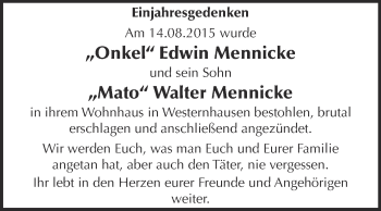 Traueranzeige von Edwin und Walter Mennicke von Super Sonntag Quedlinburg
