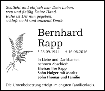 Traueranzeigen von Bernhard Rapp www.abschiednehmen.de