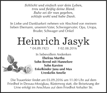Traueranzeige von Heinrich Jasyk von Mitteldeutsche Zeitung Dessau-Roßlau