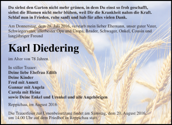 Traueranzeige von Karl Diedering von WVG - Wochenspiegel Dessau / Köthen