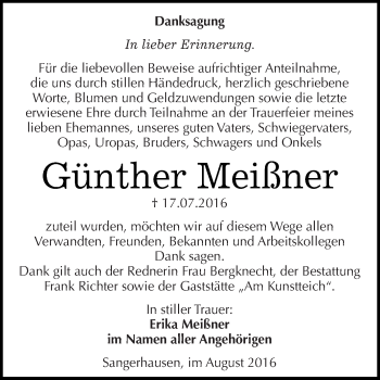 Traueranzeige von Günther Meißner von Super Sonntag SGH Mansf. Land