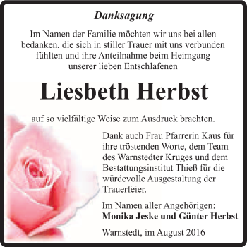 Traueranzeige von Liesbeth Herbst von Super Sonntag Quedlinburg