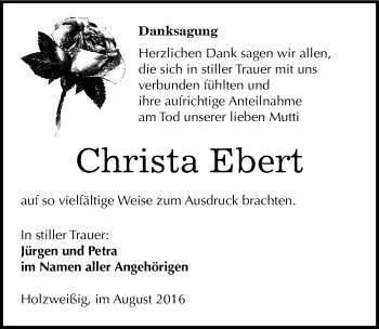 Traueranzeige von Christa Ebert von Mitteldeutsche Zeitung Bitterfeld