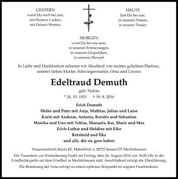 Traueranzeige von Edeltraud Demuth von Mitteldeutsche Zeitung Quedlinburg