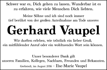 Traueranzeige von Gerhard Vaupel von Mitteldeutsche Zeitung Mansfelder Land