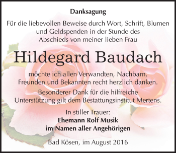 Traueranzeige von Hildegard Baudach von Mitteldeutsche Zeitung Naumburg/Nebra