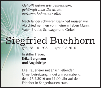 Traueranzeige von Siegfried Buchhorn von Mitteldeutsche Zeitung Sangerhausen