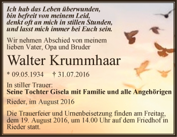 Traueranzeige von Walter Krummhaar von Super Sonntag Aschersleben