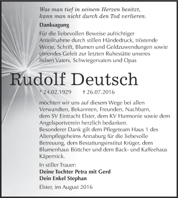 Traueranzeige von Rudolf Deutsch von WVG - Wochenspiegel Wittenberg